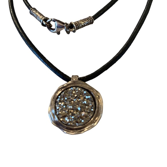 Vintage Didae Israel Sterling Modernist Druzy Quartz Pendant Necklace leather 8" - Picture 4 of 13